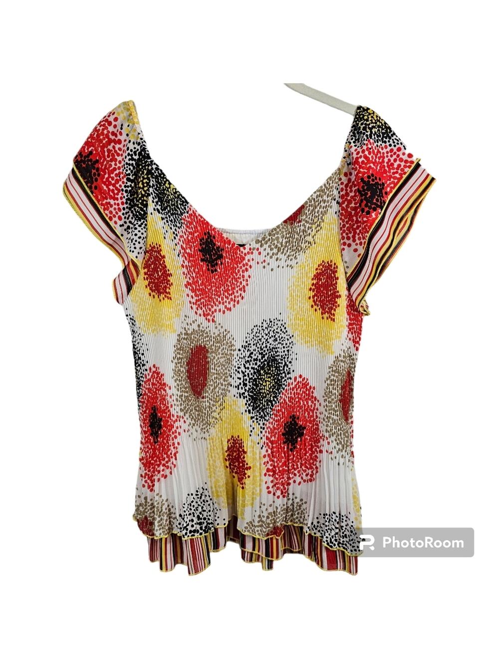 Piano Capped Sleeve Ribbed Polyester Vibrant Floral Top Women's Size L